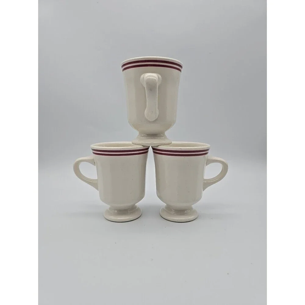 VTG Buffalo China Restaurant Ware Pedestal Coffee Mugs USA Set/3 Red Pin Striped